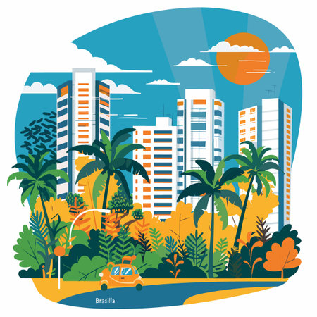 A cityscape with a car driving down a road. The car is yellow and is in the foreground. The background is a city with tall buildings and palm trees. The sky is blue with a sun in the backgroundのイラスト素材