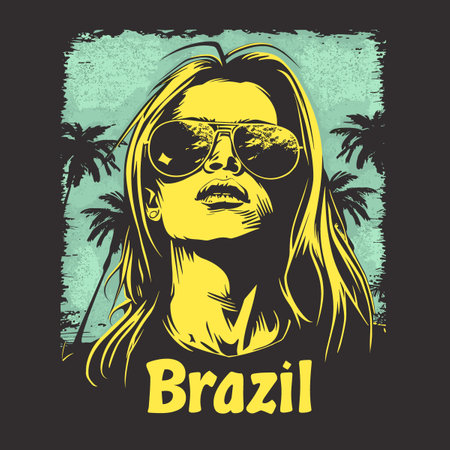 A woman with sunglasses and a blonde hair is wearing a yellow shirt that says Brazil. The image has a tropical vibe with palm trees in the backgroundのイラスト素材