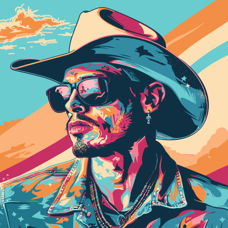 A man in a cowboy hat and sunglasses is smoking a cigarette. The image is a colorful and vibrant painting, with a blue and orange backgroundのイラスト素材
