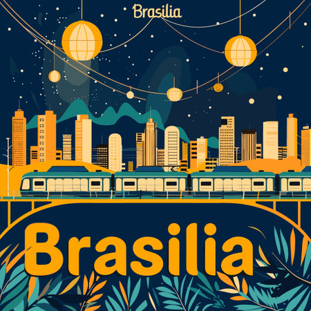 A colorful poster of a city with a train and the word Brasilia written in bold letters. The poster has a lively and vibrant feel to it, with the train and city lights creating a sense of movementのイラスト素材