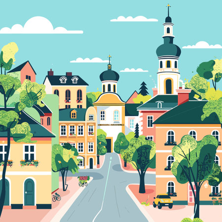 A city street with a church and a few houses. The street is busy with cars and peopleのイラスト素材