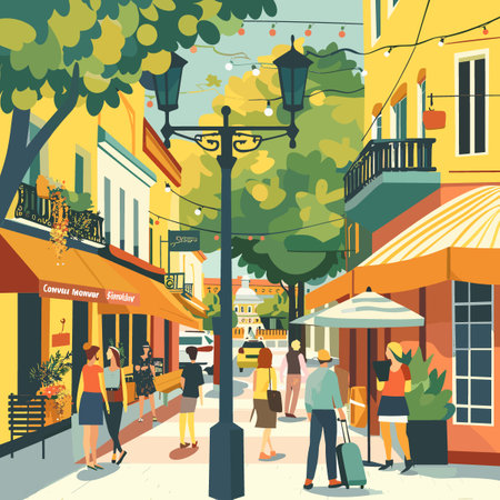 A painting of a busy city street with people walking and shopping. The mood of the painting is lively and bustlingのイラスト素材