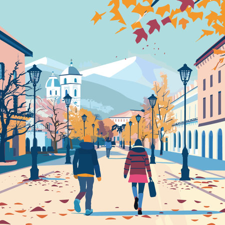 A couple walking down a street in autumn. The street is lined with trees and buildingsのイラスト素材