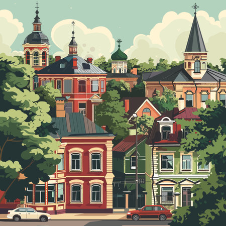 A painting of a city street with a car and a few buildings. The mood of the painting is peaceful and sereneのイラスト素材