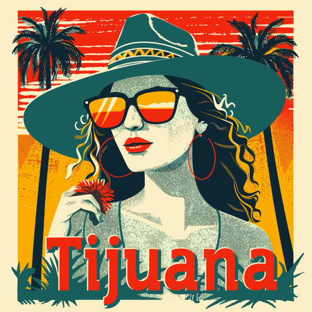 A woman wearing a hat and sunglasses is holding a flowerのイラスト素材