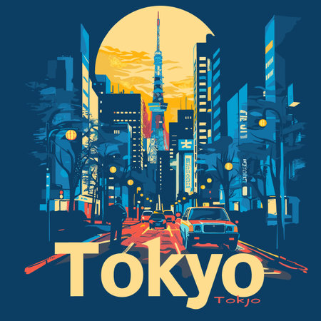 A cityscape of Tokyo with a large tower in the background. The city is lit up at nightのイラスト素材