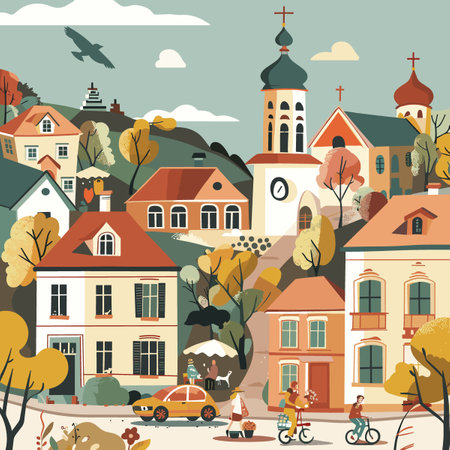 A painting of a town with a clock tower in the center. The painting is full of color and depicts a lively scene with people walking, riding bikes, and driving carsのイラスト素材