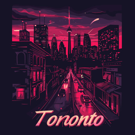 A cityscape of Toronto with a red sky. The city is lit up with neon lights. Scene is vibrant and...