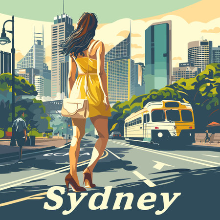 A woman is walking down a city street in Sydney. She is wearing a yellow dress and carrying a handbagのイラスト素材