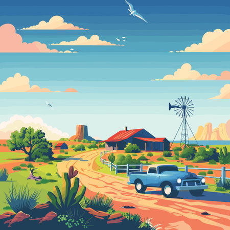 A blue car is driving down a dirt road in a rural area. The sky is blue and there are a few birds flying in the backgroundのイラスト素材