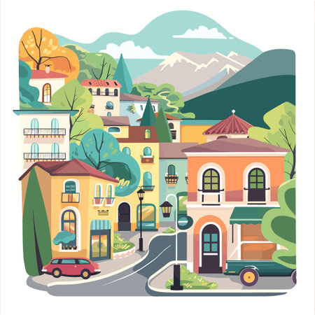 Town street with houses and cars. Vector illustration in flat style.のイラスト素材