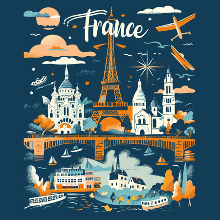 Travel to France. Hand drawn vector illustration with famous landmarks in flat style.のイラスト素材