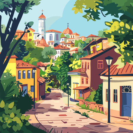 Street in the old city with houses and trees. Vector illustration.のイラスト素材