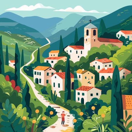 Village in the mountains. Vector illustration in flat design style.のイラスト素材