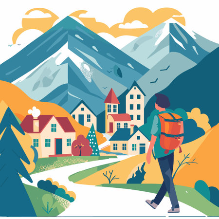 Hiking in the mountains with a backpack. Vector illustration in flat styleのイラスト素材