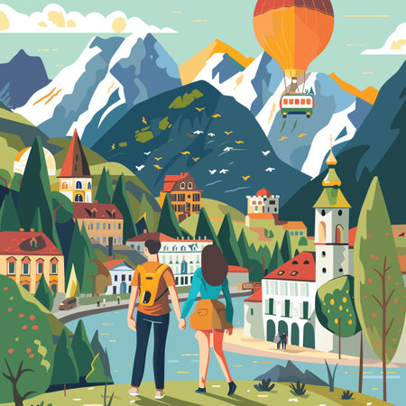 Couple of tourists with backpacks on the background of mountains. Vector illustrationのイラスト素材