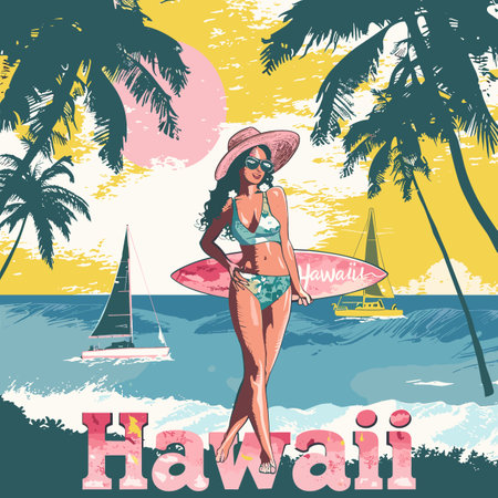 Tropical beach poster with woman in bikini and hat. Vector illustrationのイラスト素材