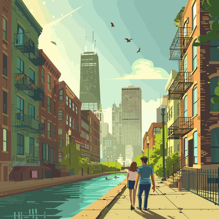 Man and woman walking on the street in the city. Vector illustration.のイラスト素材
