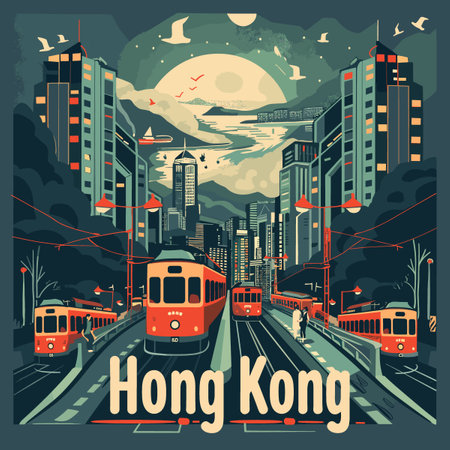 Hong Kong city at night. Vector illustration.のイラスト素材