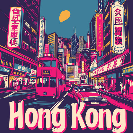 Hong Kong street at night.のイラスト素材