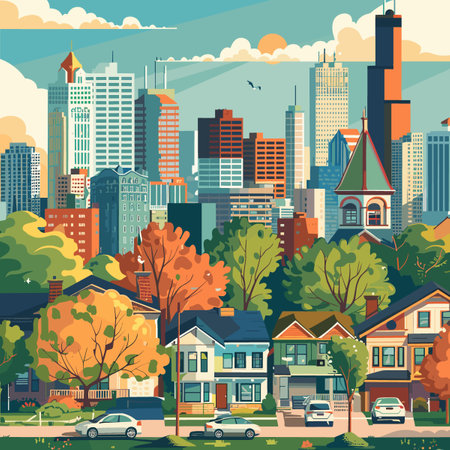 Vector illustration of city landscape with houses, trees, street and cars.のイラスト素材