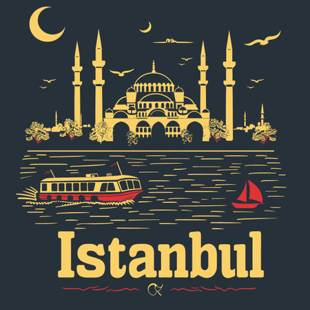 Istanbul city poster with mosque, ship and boat. Vector illustrationのイラスト素材