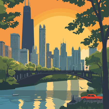City landscape with skyscrapers and river. Flat style vector illustration.のイラスト素材