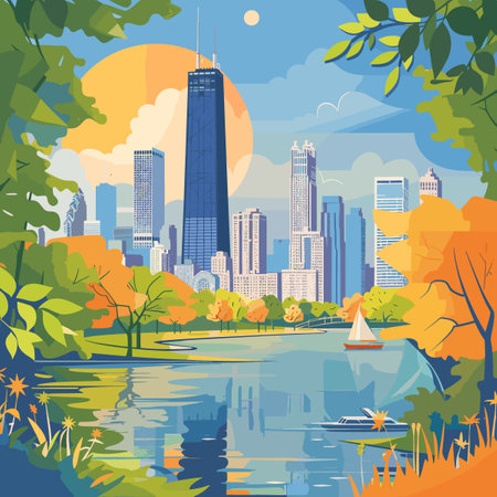 Autumn city landscape with lake and skyscrapers. Vector illustrationのイラスト素材