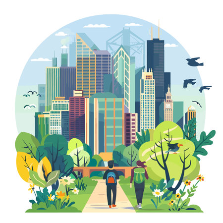 Cityscape with buildings, trees, park and people. Flat vector illustration.のイラスト素材