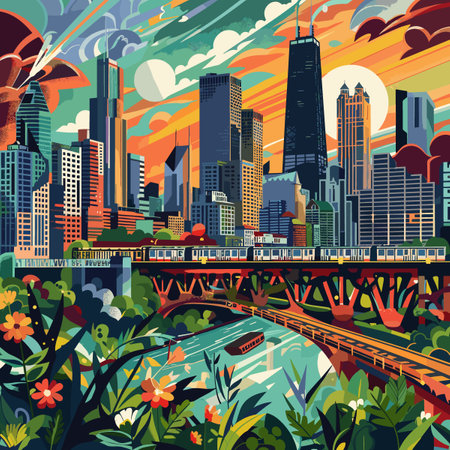 Cityscape with river and bridge. Vector illustration in flat style.のイラスト素材