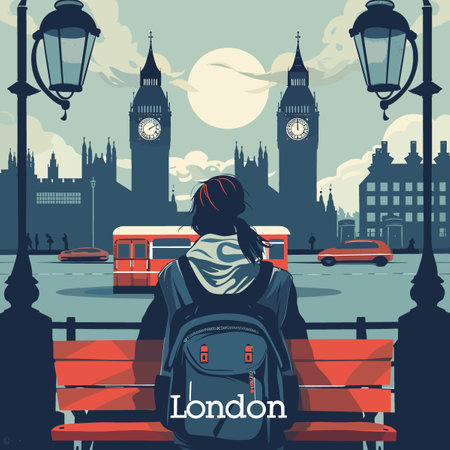 Tourist in London. Vector illustration in flat design style. Girl with backpack looking at Big Ben in London.のイラスト素材