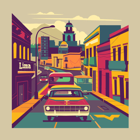 Retro american car on the street. Vector illustration in flat styleのイラスト素材