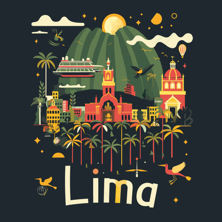 Lima, Peru. Vector illustration in flat style on dark background.のイラスト素材