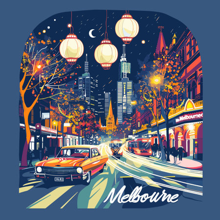 New York city street view at night with vintage cars and lanterns. Vector illustrationのイラスト素材