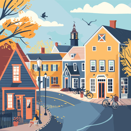 Street with old houses and bicycles. Vector illustration in flat style.のイラスト素材