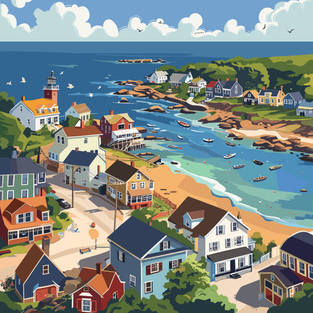 Seascape with fishing village and lighthouse. Vector cartoon illustration.のイラスト素材