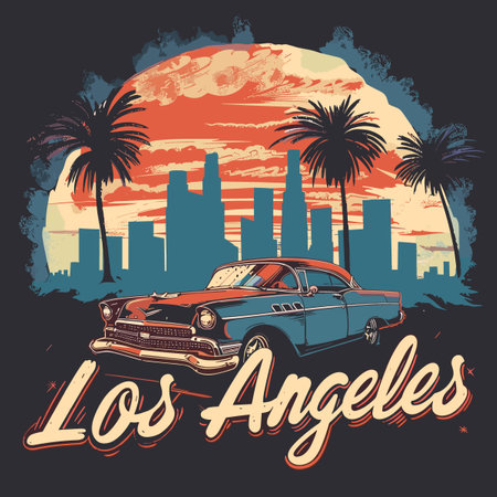 Vintage american car on the sunset background. Vector illustration.のイラスト素材