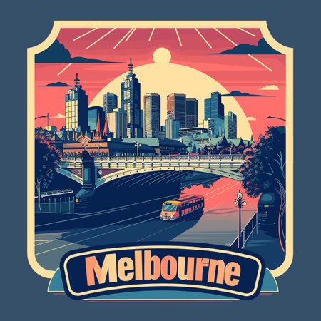 Melbourne skyline at sunset, vector illustrationのイラスト素材