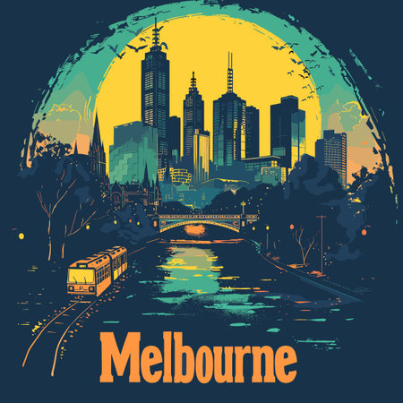 Melbourne skyline in vintage style on grunge background.のイラスト素材