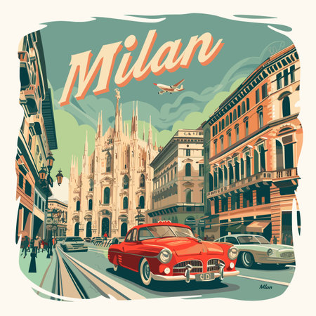 Vintage poster with Milan cityscape and old cars. Vector illustrationのイラスト素材