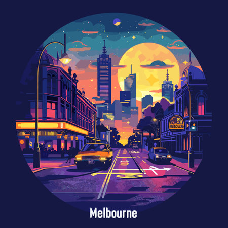Melbourne city at night, Australia. Vector illustration in flat styleのイラスト素材