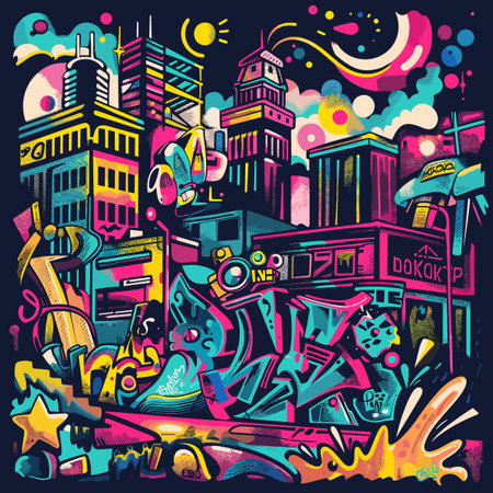 Cartoon Colorful City Background. Hand Drawn Vector Illustration.のイラスト素材
