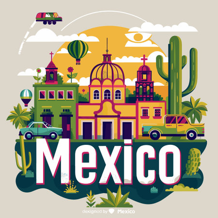 Mexico city poster, vector illustration in flat design style with famous landmarks.のイラスト素材