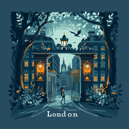 Vector illustration of the famous London city gate with people walking on the street.のイラスト素材