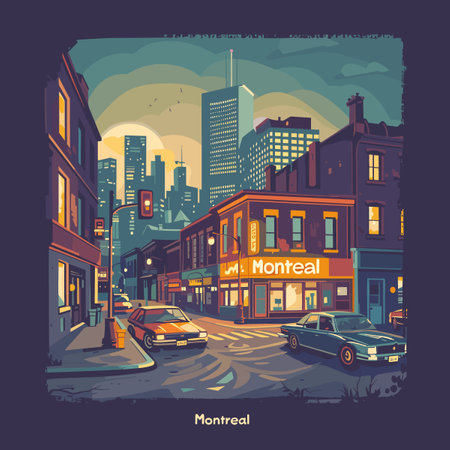 New York city street at night. Vector illustration in flat style.のイラスト素材