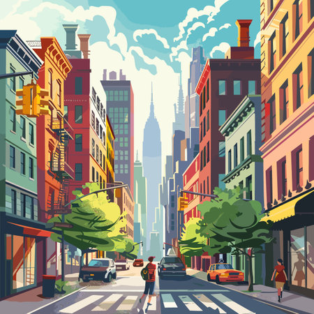 New York City street with skyscrapers and people. Vector illustrationのイラスト素材