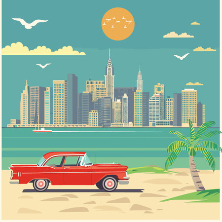 Vintage american car on the beach. Flat style vector illustration.のイラスト素材