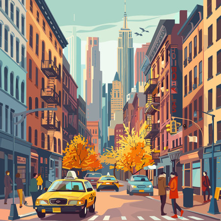New York City street with skyscrapers. Vector illustration in flat styleのイラスト素材