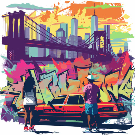 People on the background of the Brooklyn Bridge and Manhattan. Vector illustrationのイラスト素材