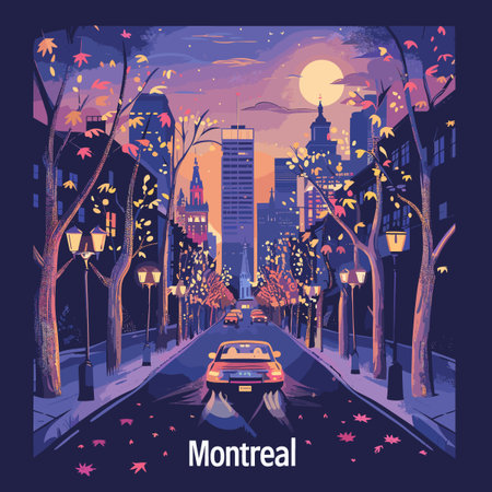 Night city street with cars, lanterns and trees. Vector illustrationのイラスト素材